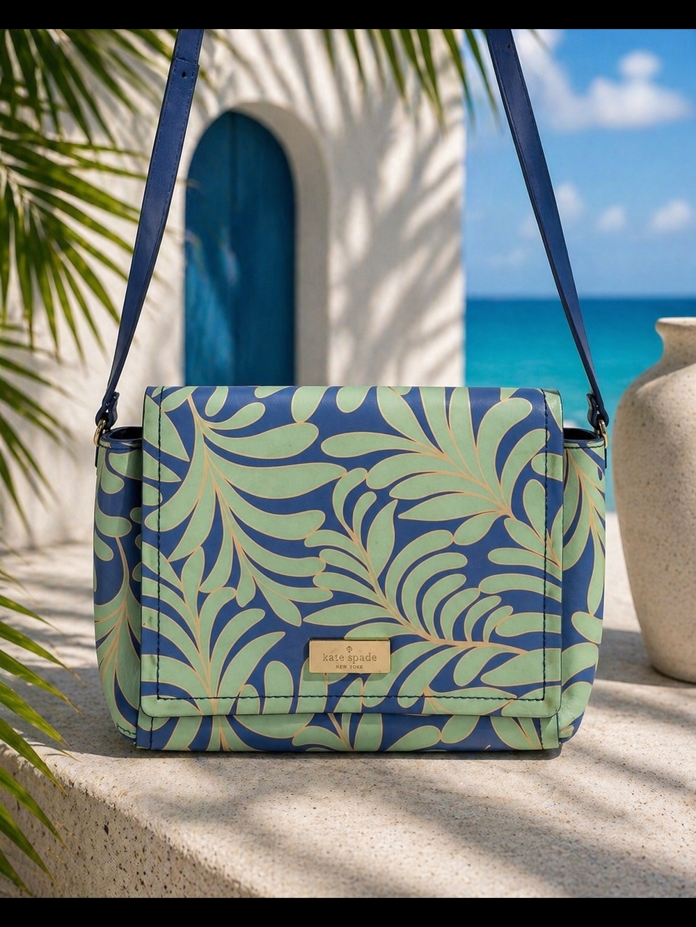 kate spade Navy & Green Leaf-Print Crossbody Bag